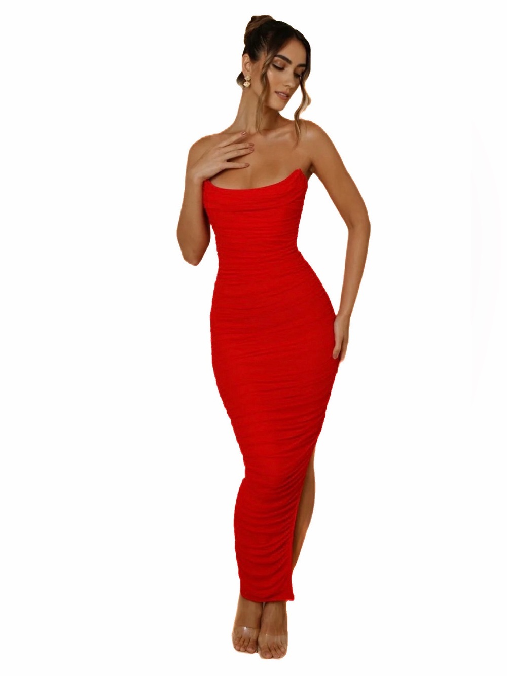 JAUS Isabelle Maxi Strapless Red Ruched Dress Small- NWT